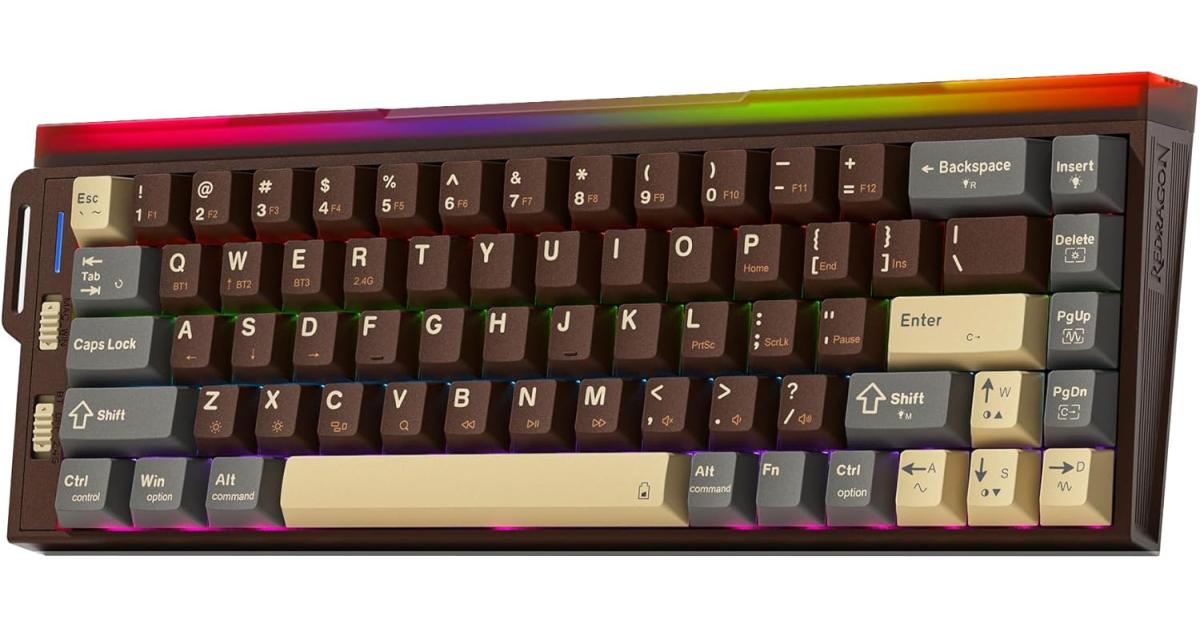 كيبورد ميكانيكي Redragon K752 Wireless , 60% Gasket Mount Gaming Keyboard with RGB Backlit, Creamy Sound, Tri-Mode 2.4GHz/BT5.0, Hot-Swappable, PBT Keycaps for PC/Mac Gamer