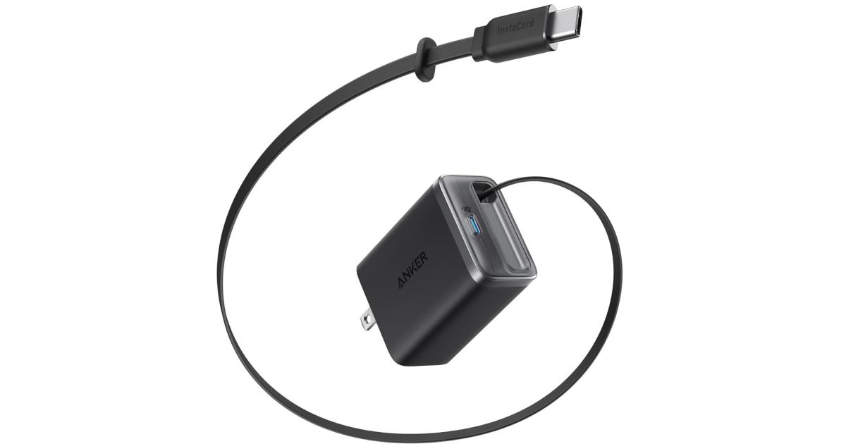 Anker Nano USB C Charger Block, 35W Max 2-Port Compact Charger with Durable Built-in Anker InstaCord Retractable Cable, with iPhone 17/16/15 Series, iPad, and More - Black