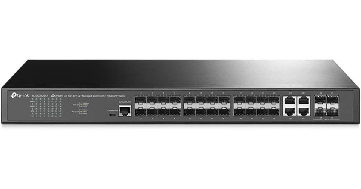 TP-Link Omada SG3428XF 24-Port SFP L2+ Managed Switch with 4 10GE SFP+ Slots, 20x Gigabit SFP Ports, 4x Gigabit SFP/RJ45 Combo Ports, 4x 10G SFP+ Slots, 1x RJ45 Console Port, Black