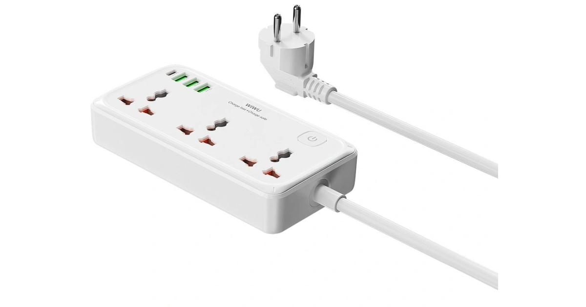 WiWU Wi-S005 Power Strip, 7 in One, 30W, 3 Sockets + 3 USB, 1 Type C - UK