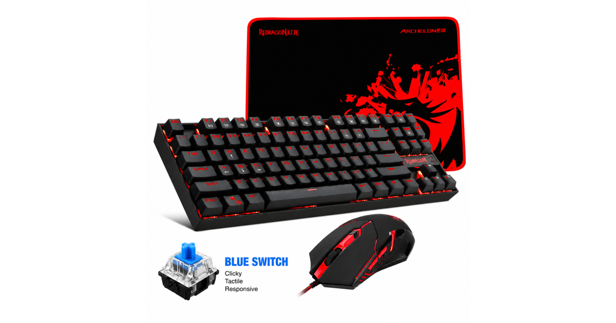 كيبورد ميكانيكي Redragon - K552-BA & Mouse & Large Mouse Pad Combo - 87 Key LED Backlit Adjustable Brightness and Breathing Effects - 100% Anti-Ghosting (Keyboard, Mouse, Mousepad Set) - Blue Switch
