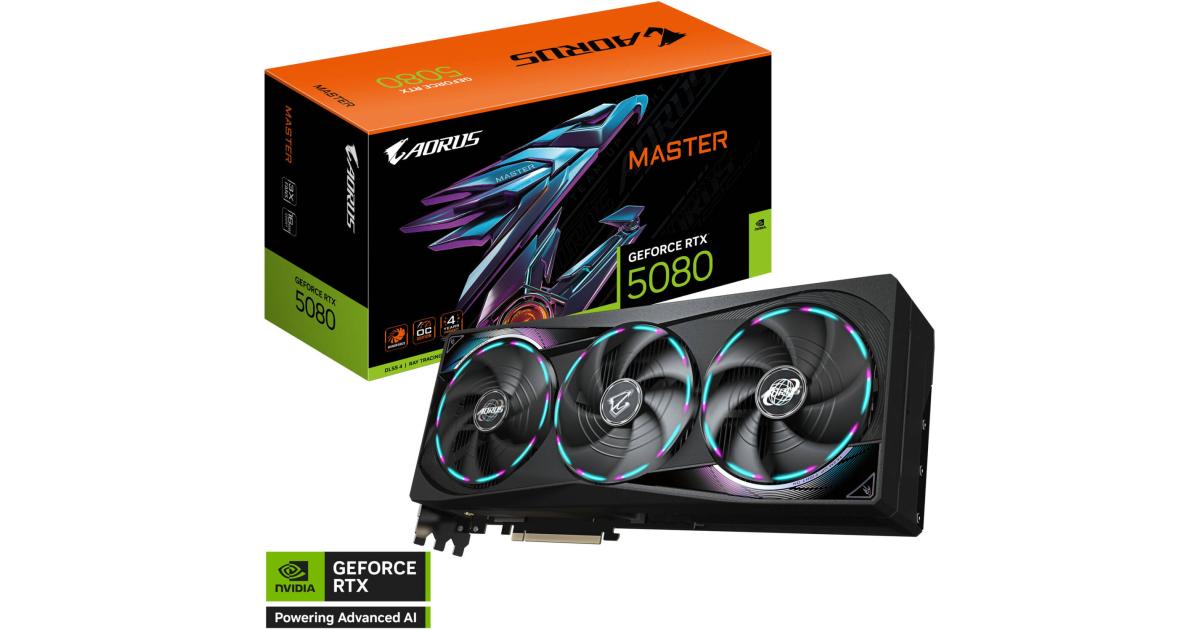 كرت شاشة GIGABYTE AORUS GeForce RTX 5080 MASTER , 16GB GDDR7 256-Bit Memory, 2805 MHz Core Clock, 30 Gbps Memory Speed, PCI-Express 5.0