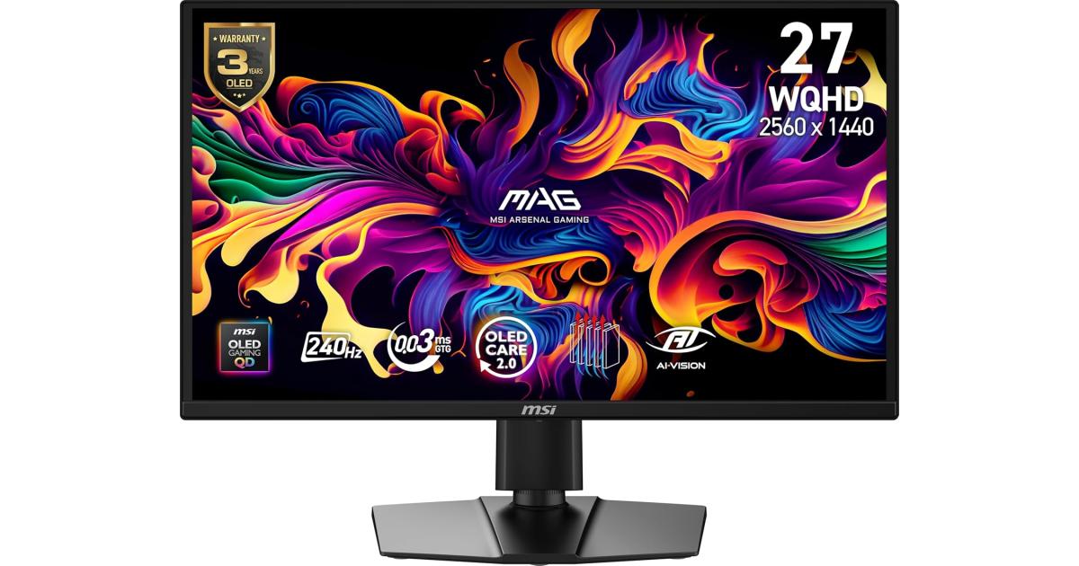 شاشة ألعاب MSI MAG 272QP QD-OLED X24 27" WQHD 2K , Quantum Dot OLED Panel, 240Hz, 0.03ms, Adaptive-Sync, HDMI2.1, DP 1.4a, USB‑C 15W PD , Tilt/Height Adjustable, Black