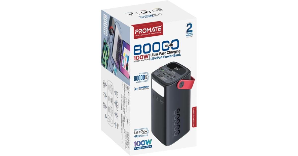 Promate PowerMine-80 Pro 80000mAh High-Capacity Battery Charger 100W USB-C PD Fast Charging, 4 Outputs, 3 Inputs, Solar DC, Lightning, Digital Display, LED Light
