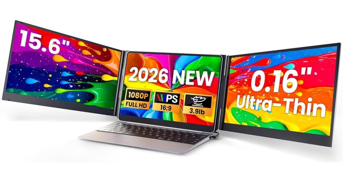 شاشة V2COM P7 15.6" IPS Full HD Triple Screen Extender Portable for Laptops 13-17.3" Ultra-Slim Dual USB-C Plug & Play Extended Display For macOS Windows Chrome OS Nintendo Switch