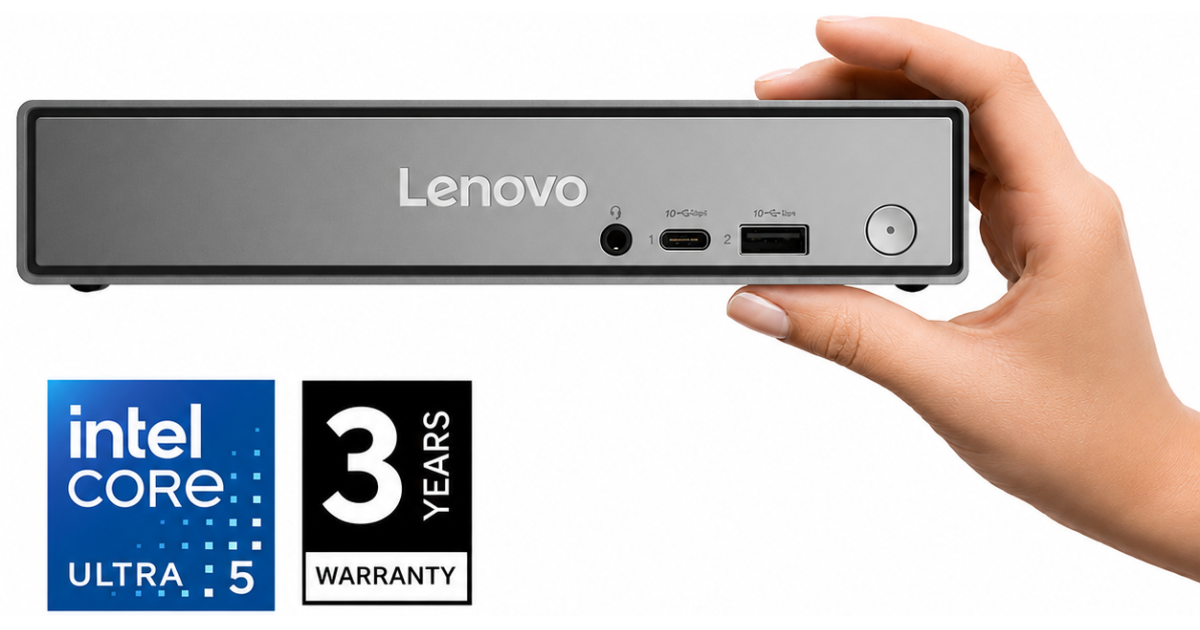 Lenovo ThinkCentre Neo 50q Gen 6 Tiny AI PC – Intel Core Ultra 5 226V, 16GB LPDDR5X, 512GB SSD, Wi-Fi 6, DOS, 3-Year Warranty