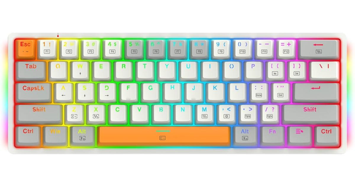 كيبورد ميكانيكي Redragon K642 Akali 60% , Outemu Red Switches, Hot-Swappable, Detachable Type-C Cable, Programmable Keys & Lighting, ABS Keycaps, English Layout, White