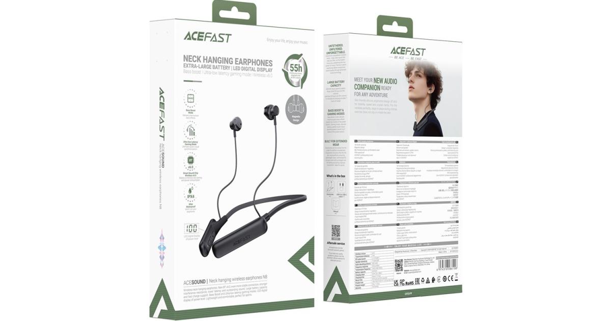 ACEFAST N8 Neck Hanging Wireless Earphones IPX4 Waterproof LED Display Bluetooth-compatible Earphones - Balck