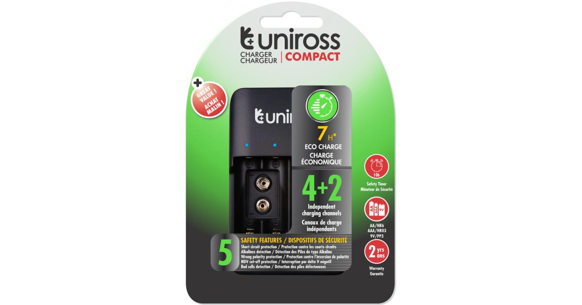 Uniross Compact Battery Charger – AA/AAA/9V Compatibility, Includes 4× AA Rechargeable Batteries, USB‑C/Micro‑USB Input, Full Safety Protection, Eco‑Friendly Packaging
