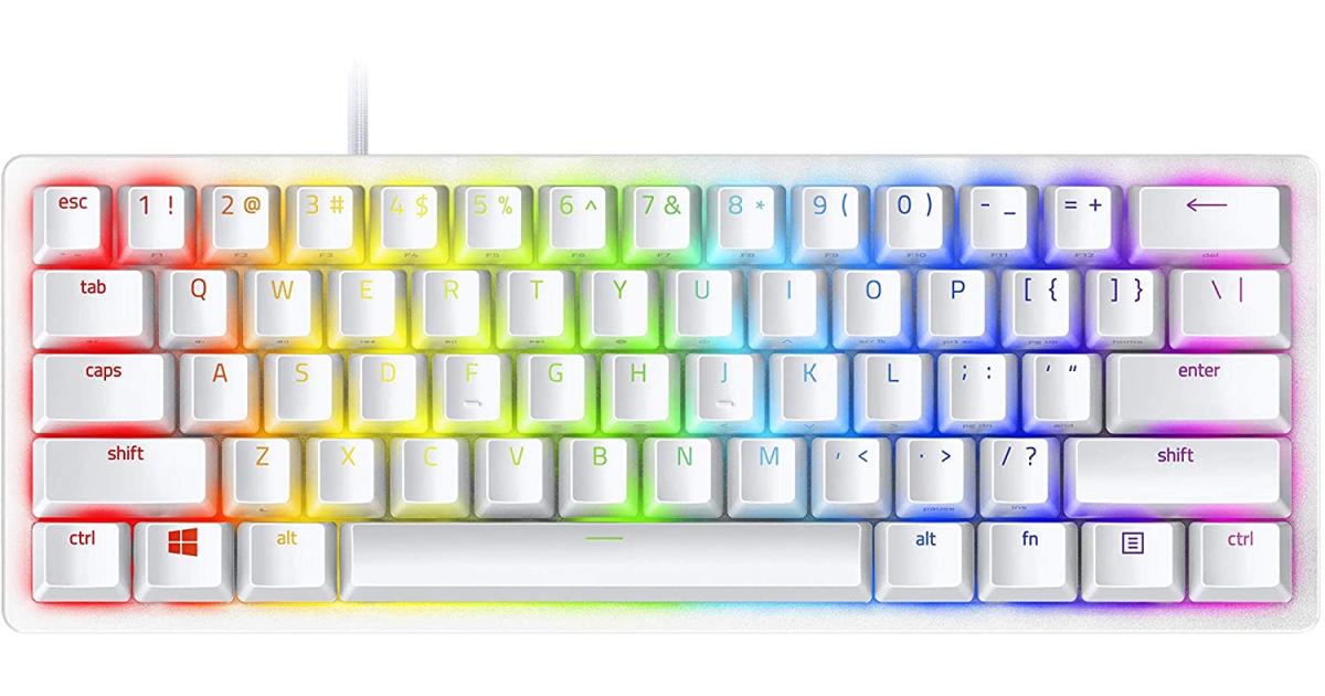 Razer Huntsman Mini 60% Clicky Optical-Mechanical Switches Doubleshot PBT Keycaps Detachable USB-C Cable (Purple Switch) -- Mercury