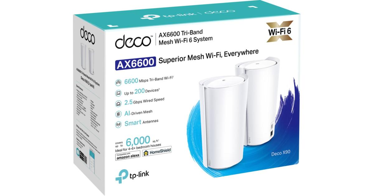 TP-Link Deco X90 AX6600 Deco Tri-Band WiFi 6 Mesh System - Covers up to 6000 Sq.Ft, Replaces Routers and Extenders, AI-Driven and Smart Antennas (2-Pack)