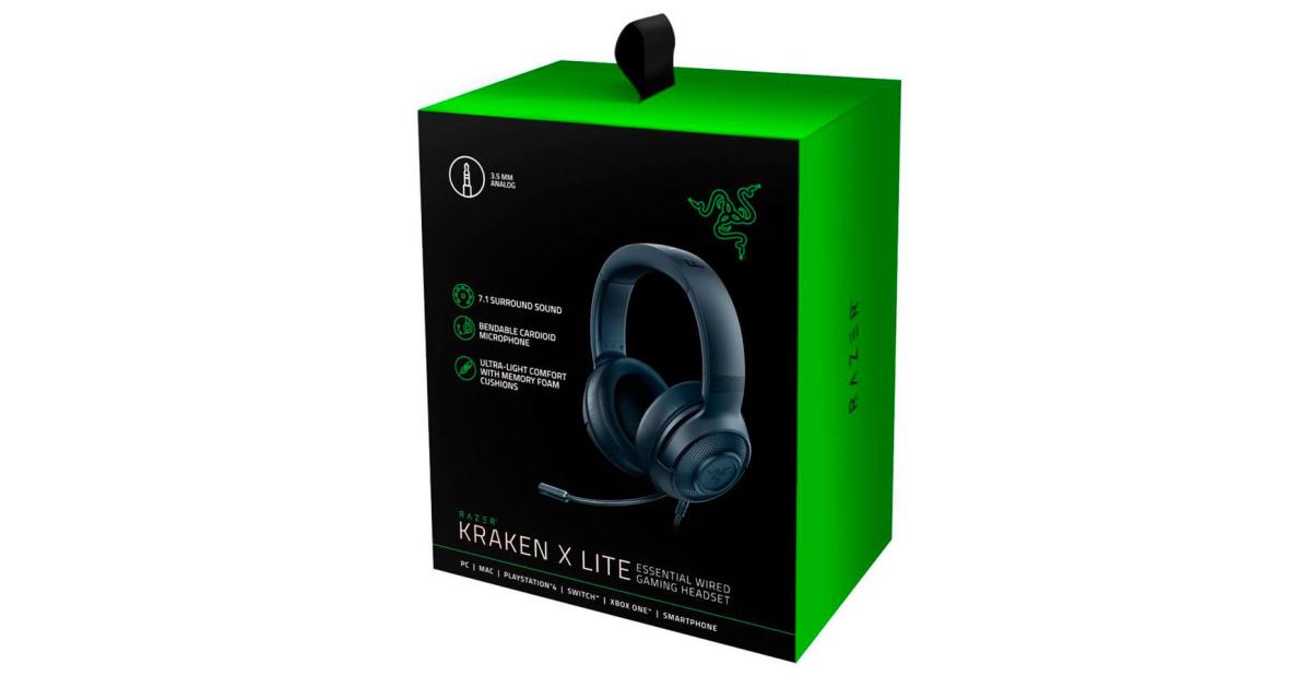 Razer Kraken X Lite Ultralight 7.1 Surround Sound Aluminum Frame Bendable Cardioid Microphone For PC, PS4, PS5, Switch, Xbox One, Xbox Series X & S, Mobile - Black