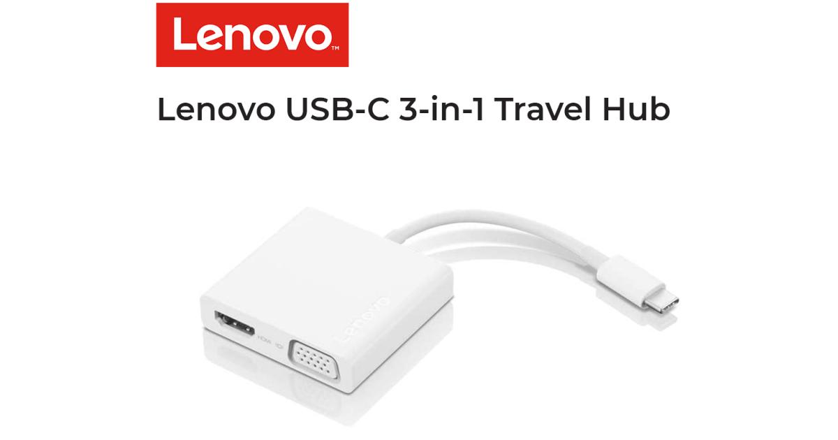 Lenovo USB-C 3-in-1 Travel Hub 4K HDMI, VGA, USB 3.0 Plug and Play , White