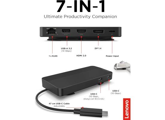 Lenovo USB-C Dual Display Travel Dock (40B90100UK) - 7-in-1 Portable Hub with Dual 4K/60Hz (HDMI 2.1 + DP 1.4), 65W PD (100W Max), 3x 10Gbps USB-A/C, Gigabit Ethernet, 66% PCR Chassis - Eclipse Black