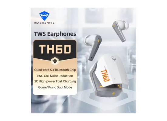 Machenike TH60 TWS Wireless Earphones – Bluetooth 5.4, 4-Mic ENC Noise Cancelling, Dual Sound Effects (Gaming/Music), Fast Charging, 7+ Hours Battery Life White