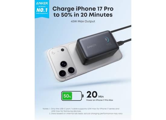 باور بنك (شاحن متنقل) Anker Nano Portable Charger, 10000mAh 45W Max Compact , Travel Essential Phone Battery Pack with 2.3 ft InstaCord Retractable Cable for iPhone 17/16 Series, iPad, Galaxy, Pixel, and More - 18 Month Warranty