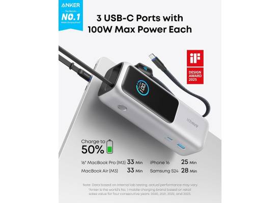 لابتوب Anker Power Bank, 25000mAh Portable Charger with Triple 165W USB-C Ports for Multi-Device Charging, Built-in and Retractable Cables (Silver) - 18 Month Warranty
