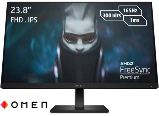 شاشة ألعاب HP OMEN 24 , 23.8 Inch, 1920 x 1080 (FHD), IPS, Flat, 165Hz, 1ms, 300 nits, 99% sRGB, 1000:1, FreeSync Premium, DisplayPort and 2x HDMI 2.0, Eyesafe certified, Black - 780D9AS