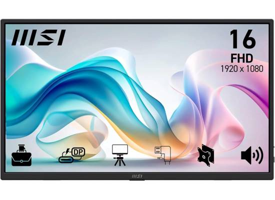شاشة MSI PRO MP165 E6 15.6-Inch FHD Portable , 1920x1080 IPS, 60Hz, 4ms, Eye care, Built-in speaker/mic, HDMI 2.0b, USB C (15WPD), Vesa Mount, Black