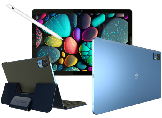 كيبورد رام VIKUSHA Tablet V-Z40 PRO, 10.1", 4GB + 128GB ROM, 6000mAh 6hours Battery Life, 4G Dual SIM, Android 13 w/ Shoulder Bag + Stylus Pen + + Stand Cover + Two Screen Protectors + Charger + Headphone - Blue