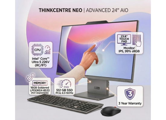 Lenovo ThinkCentre neo 50a 24 Gen 6 – 23.8" FHD Touch AIO Desktop, Intel Core Ultra 5 226V, Integrated Intel Arc Graphics, 16GB LPDDR5X, 512GB PCIe 4.0 SSD, Harman Speakers, 5MP Camera, Wi‑Fi 6 & Ethernet, Luna Grey - 3 Year Warranty