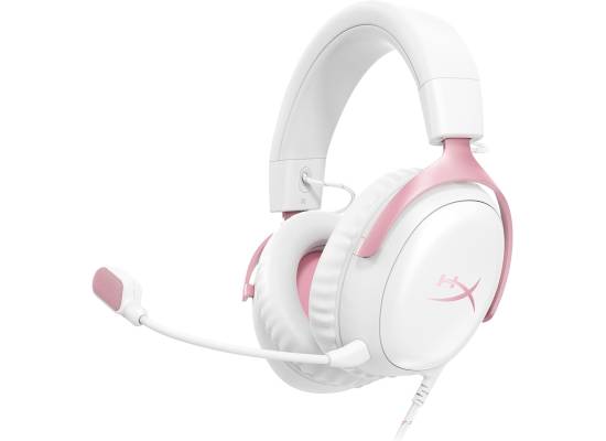 سماعة ألعاب (رأس) HyperX Cloud III Wired – 53mm Drivers, DTS Spatial Audio, Detachable Noise‑Cancelling Mic, Multi‑Platform Compatibility, Memory Foam Comfort, White Pink