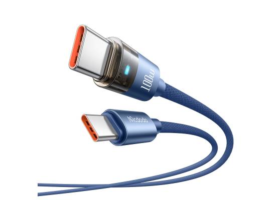 كابل شحن Mcdodo CA-5586 100W Type-C to Type-C Clear with Light, 1.6m, Blue - 18 Months Warranty