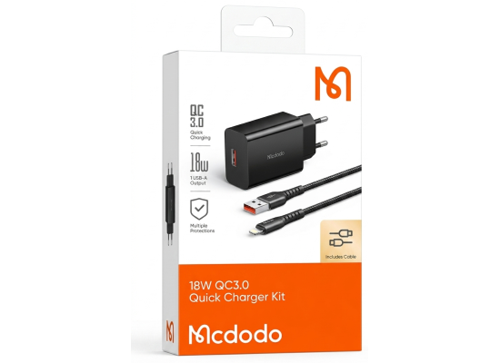 شاحن حائط Mcdodo 18W QC3.0 Fast Kit with Lightning Cable, Black - 18 Months Warranty