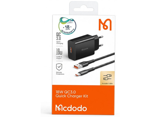 شاحن حائط Mcdodo 18W QC3.0 Fast Kit with USB Type C Cable - Black - 18 Months Warranty