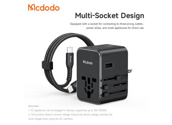 شاحن Mcdodo 327 45W International Travel 3 USB-C + 2 USB +AC PD3.0 PPS SFC2.0 Fast Charging with Nylon Cable US/EU/UK/AU - 18 Months Warranty