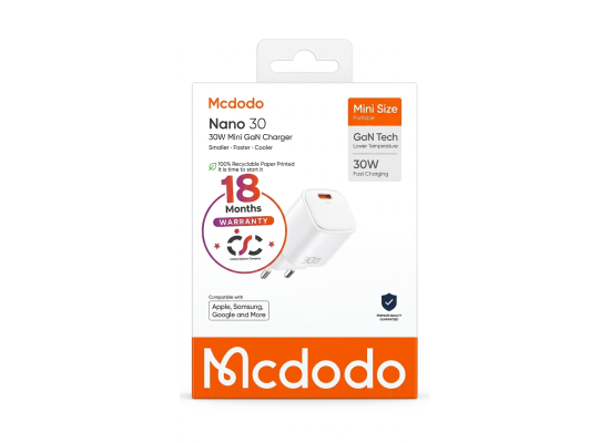 شاحن حائط Mcdodo Nano 30 30W Mini GaN Fast – Type-C PD Fast Charging – White – 18 Months Warranty