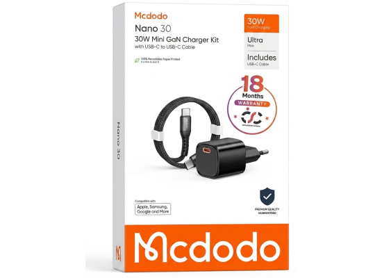 Mcdodo Nano 30 30W Mini GaN Fast Charging Kit with USB-C Cable (1.2m), Black – 18 Months Warranty