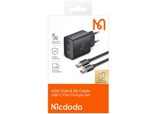شاحن Mcdodo 45W GaN Fast Set with 5A USB-C Cable (1.2m) - Super Fast Charging 2.0 - Black - 18 Months Warranty