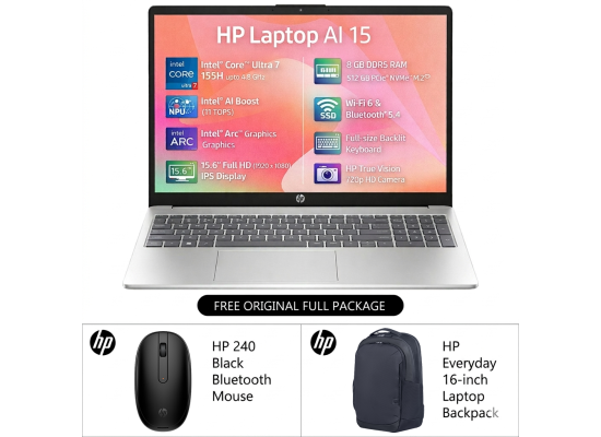 لابتوب أعمال HP AI 15-fd1062ne, Intel Ultra 7 155H 4.8GHz 16 Cores, Intel Arc Graphics, 8GB DDR5, 512GB PCIe SSD, 15.6" FHD, WiFi 6, BT 5.4 - Natural Silver