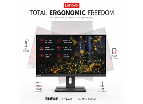 شاشة Lenovo ThinkVision E27q-40 27" Business 2K QHD IPS , 99% sRGB, 350 cd/㎡, 100 Hz, HDMI & Display Port, Built-in 2x2W Speakers, Adjustable Stand - 3 Years Warranty