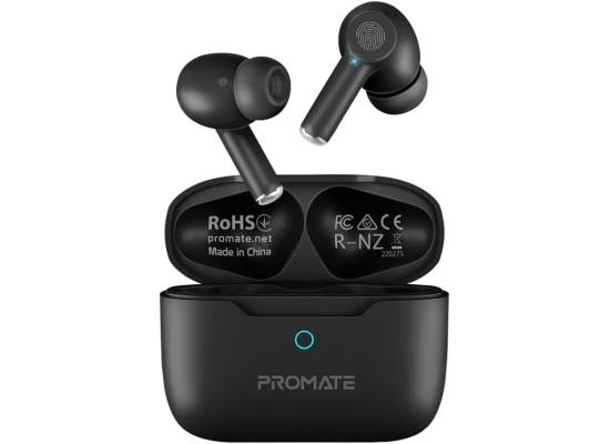 Promate True Wireless Earbuds, In-Ear Active Noise Cancelling Bluetooth v5.3 Earphones with Mic, 25H Playback Time, Intelligent Touch Controls and Charging Case for iPhone 17, S25, ProPods Black