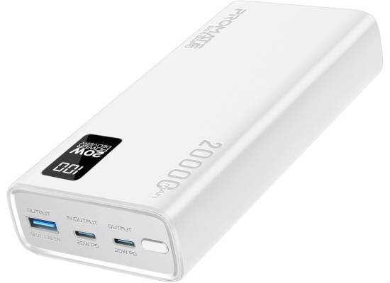 باور بنك (شاحن متنقل) Promate Universal 20000mAh Ultra-Slim with 20W USB-C Input/Output Port, QC 3.0 Output, USB-C Ports, LCD Display and Over-Heating Protection for Smartphones and Tablets, Bolt-20PD - White
