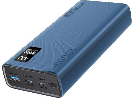 باور بنك (شاحن متنقل) Promate Universal 20000mAh Ultra-Slim with 20W USB-C Input/Output Port, QC 3.0 Output, USB-C Ports, LCD Display and Over-Heating Protection for Smartphones and Tablets, Bolt-20PD - Blue