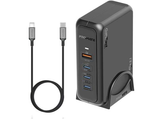 لابتوب Promate Charger with QC 3.0 USB Port, 140W, 100W and 30W USB-C 3.1 PD Ports, GaNPort-140W