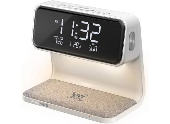 Promate Lumix-15W, 3-in-1 Digital Alarm Clock with 15W Wireless Charger, Dual Alarm, Nap Function, LED Display 3 Night Light Modes, iPhone, Galaxy