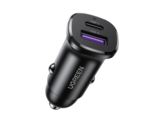 شاحن سيارة UGREEN 30W Fast Dual Port USB-C PD 3.0 & USB-A QC 3.0 Metal Body (EC305)