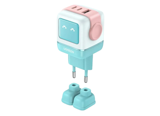 شاحن UGREEN CD361 Uno RG 65W Robot GaN 3-Port Fast 2C1A EU Plug - Pink Blue