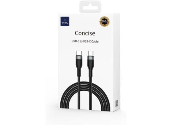 كابل شحن WIWU Wi-C017 Concise 100W Type-C To Type-C , 48 braided cable, aluminum alloy +TPE, E-Marker chip, Over-voltage & temperature protection 1.2M - Black