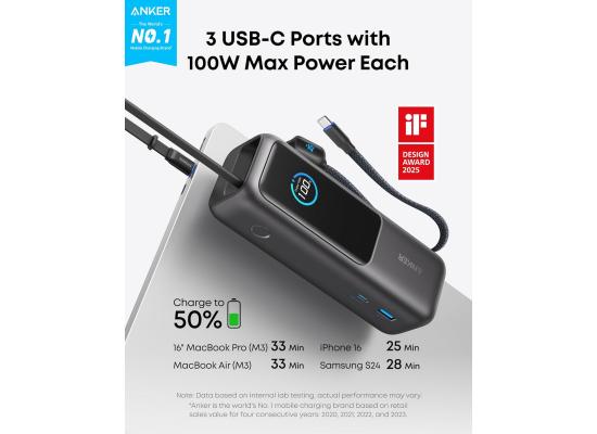 لابتوب Anker Power Bank, 25000mAh Portable Charger with Triple 165W USB-C Ports for Multi-Device Charging, Built-in and Retractable Cables - 18 Month Warranty