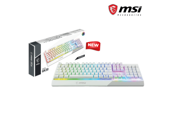 كيبورد MSI Vigor GK30 RGB Gaming , 6-Zone RGB Lighting, Water Repellent & Splash-Proof, Mechanical-Like Plunger Switches, White
