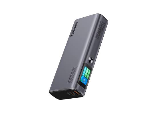 لابتوب Promate 130W & Mobile Power Bank 20000mAh Smart TFT LCD Screen, USB-A QC 3.0, Dual Type-C Input/Output Ports Total Output 130W, Over-Heating Protection, Titan-130