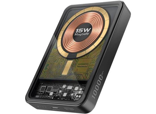 باور بنك (شاحن متنقل) Promate LucidPack-10 15W Magnetic with Transparent Design, 10000mAh Battery and 20W USB-C