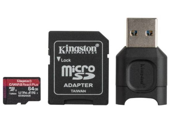 Kingston Memory Card 64GB micSDXC React+ SDCR2 285R UHS-II w/ADP+MLPM Reader